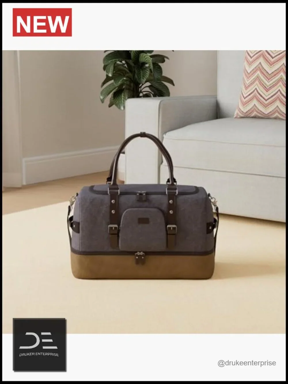 Canvas Leather Weekender Bag with Shoe Compartment Large Travel Duffel
